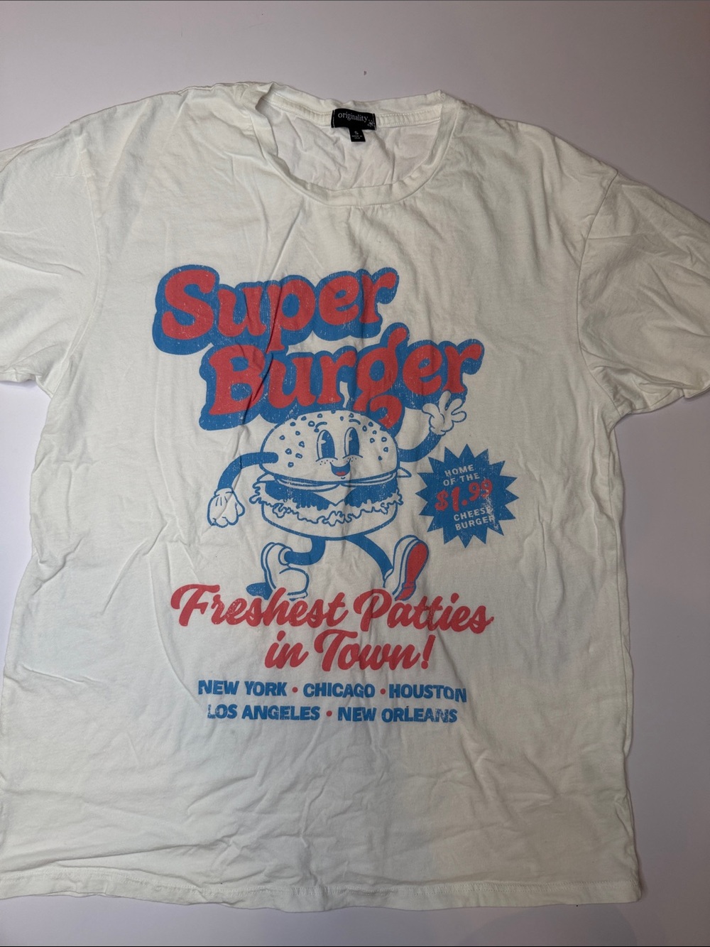 Gildan White Short-Sleeve 'Super Burger' Graphic Tee with Red & Blue Print